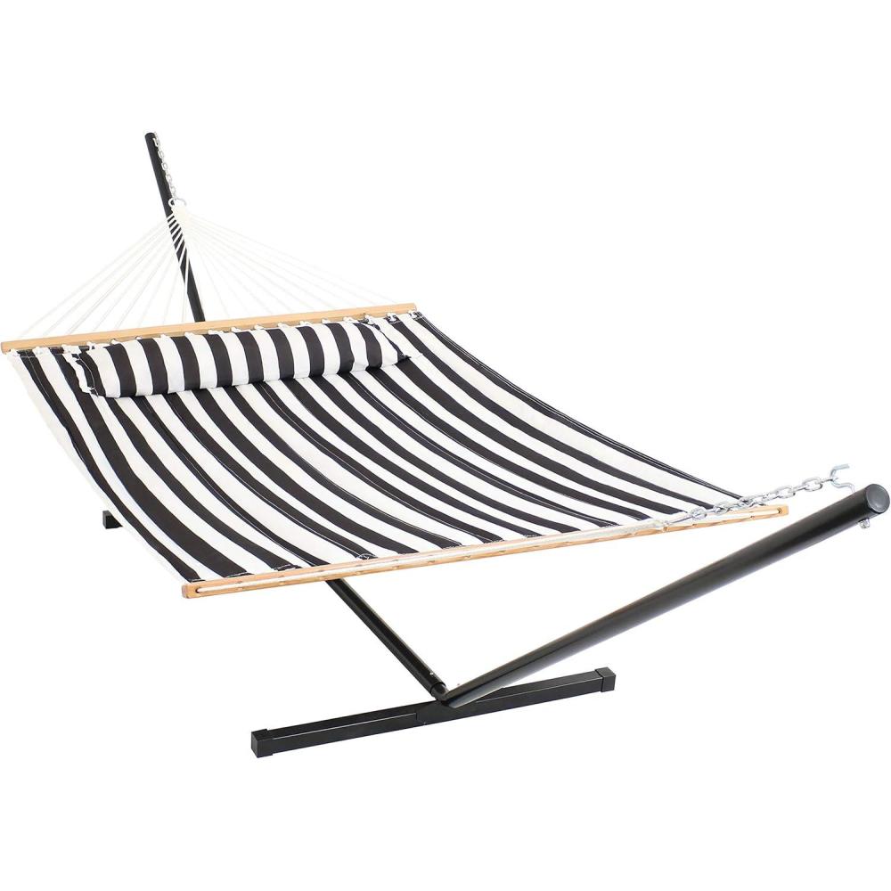 image:imageSunnydaze Quilted Double Hammock with Stand for Outside 350Pound Capacity 2Person Hammock with Stand 12Foot Stand Catalina BeachBlack White