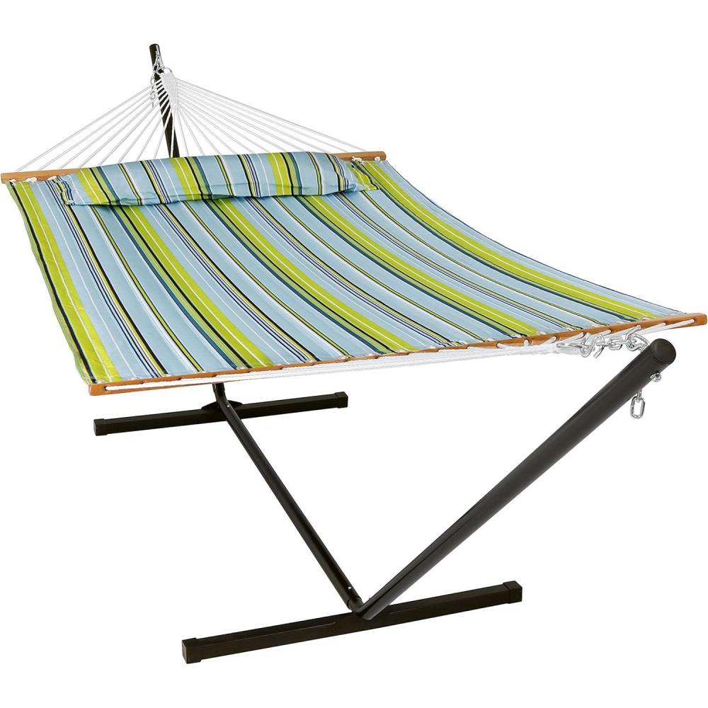 image:imageSunnydaze Quilted Double Hammock with Stand for Outside 350Pound Capacity 2Person Hammock with Stand 12Foot Stand Catalina BeachBlue Green