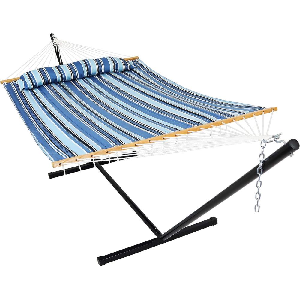 image:imageSunnydaze Quilted Double Hammock with Stand for Outside 350Pound Capacity 2Person Hammock with Stand 12Foot Stand Catalina BeachMisty Beach