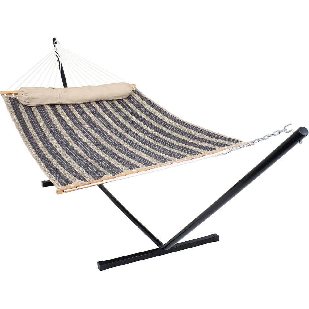 image:imageSunnydaze Quilted Double Hammock with Stand for Outside 350Pound Capacity 2Person Hammock with Stand 12Foot Stand Catalina BeachMountainside