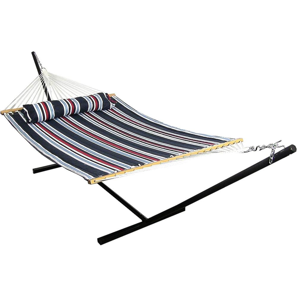 image:imageSunnydaze Quilted Double Hammock with Stand for Outside 350Pound Capacity 2Person Hammock with Stand 12Foot Stand Catalina BeachNautical Stripe