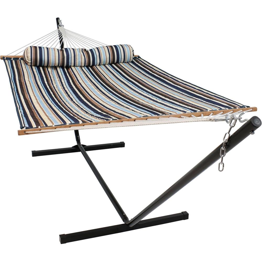 image:imageSunnydaze Quilted Double Hammock with Stand for Outside 350Pound Capacity 2Person Hammock with Stand 12Foot Stand Catalina BeachOcean Isle