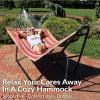 Sunnydaze Double Quilted Fabric Hammock with Universal Steel Stand – 450-Pound Capacity – Black Stand – Misty Beach(Red Stripe)