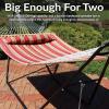 Sunnydaze Double Quilted Fabric Hammock with Universal Steel Stand – 450-Pound Capacity – Black Stand – Misty Beach(Red Stripe)