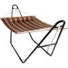 Sunnydaze Double Quilted Fabric Hammock with Universal Steel Stand – 450-Pound Capacity – Black Stand – Misty Beach(Red Stripe)