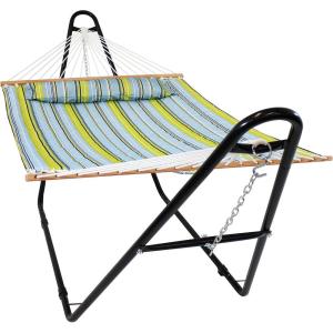 Sunnydaze Double Quilted Fabric Hammock with Universal Steel Stand – 450-Pound Capacity – Black Stand – Misty Beach(Blue and Green)