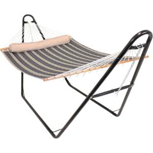 Sunnydaze Double Quilted Fabric Hammock with Universal Steel Stand – 450-Pound Capacity – Black Stand – Misty Beach(Mountainside)