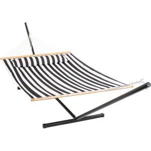 Sunnydaze Quilted Double Hammock with Stand for Outside – 350-Pound Capacity 2-Person Hammock with Stand – 12-Foot Stand – Catalina Beach(Black & White)