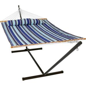 Sunnydaze Quilted Double Hammock with Stand for Outside – 350-Pound Capacity 2-Person Hammock with Stand – 12-Foot Stand – Catalina Beach(Catalina Beach)