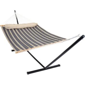 Sunnydaze Quilted Double Hammock with Stand for Outside – 350-Pound Capacity 2-Person Hammock with Stand – 12-Foot Stand – Catalina Beach(Mountainside)