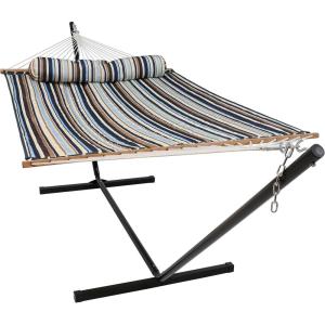 Sunnydaze Quilted Double Hammock with Stand for Outside – 350-Pound Capacity 2-Person Hammock with Stand – 12-Foot Stand – Catalina Beach(Ocean Isle)