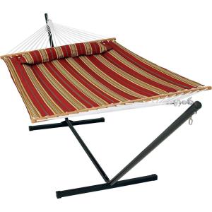 Sunnydaze Quilted Double Hammock with Stand for Outside – 350-Pound Capacity 2-Person Hammock with Stand – 12-Foot Stand – Catalina Beach(Red Stripe)