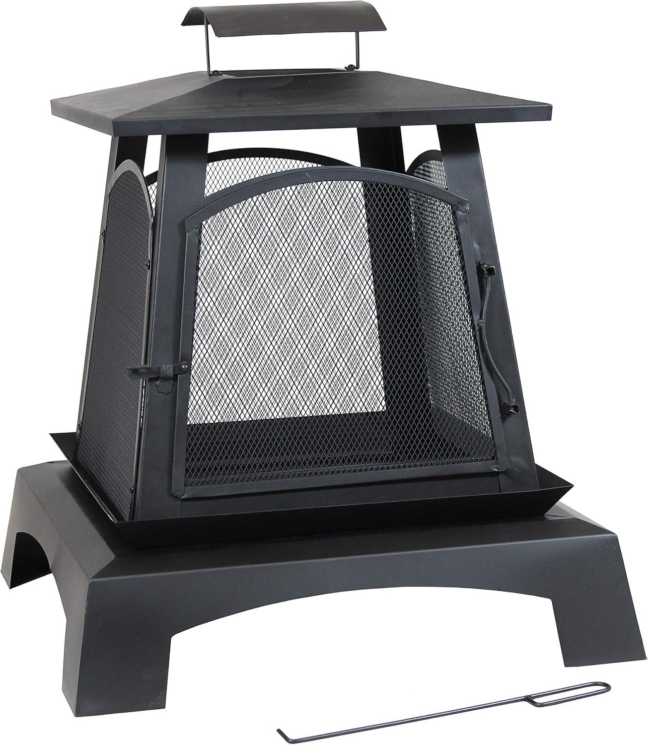 image:imageSunnydaze 32Inch PagodaStyle Steel WoodBurning Fire Pit with Log Grate and Poker Black HighTemperature Paint Finish
