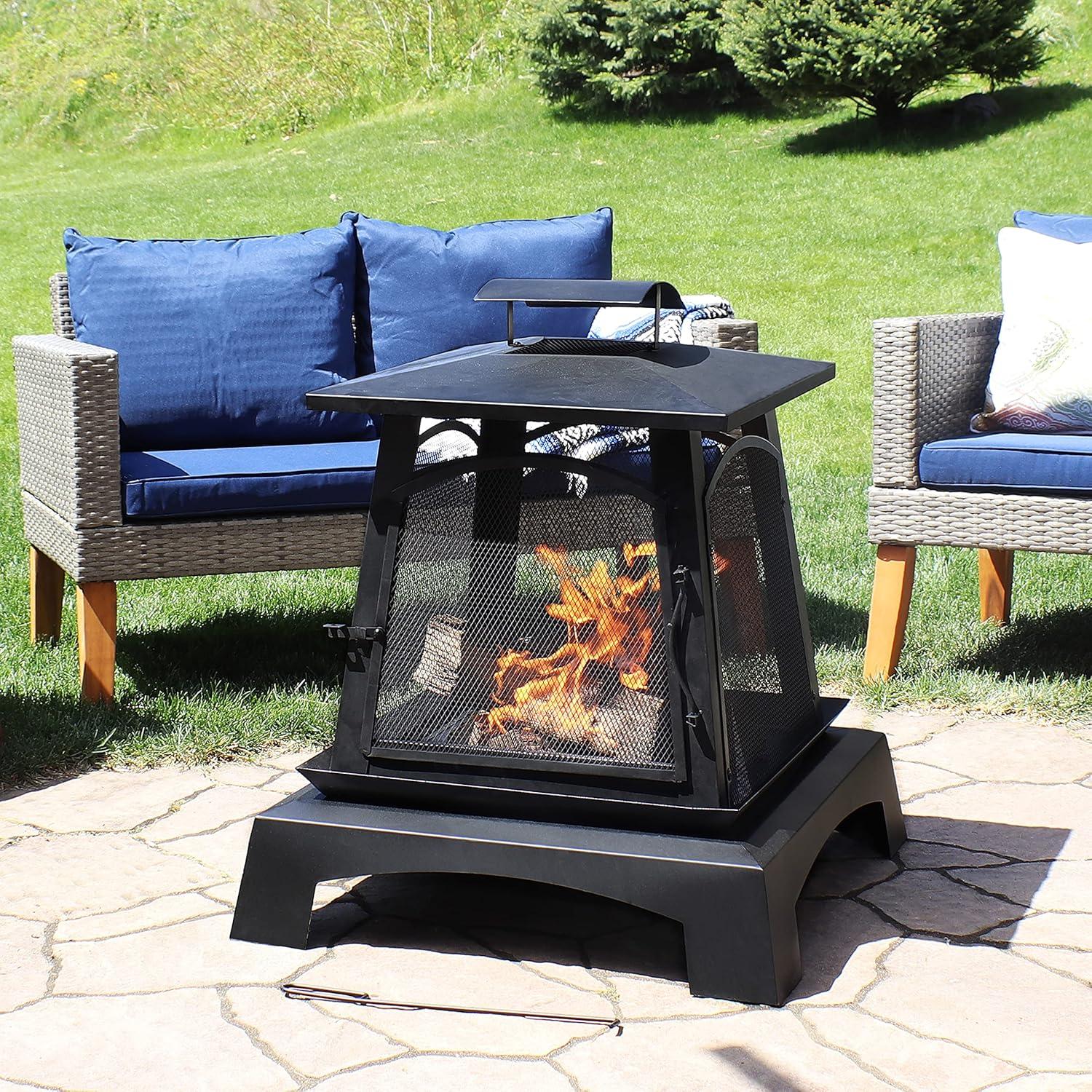 image:imageSunnydaze 32Inch PagodaStyle Steel WoodBurning Fire Pit with Log Grate and Poker Black HighTemperature Paint Finish