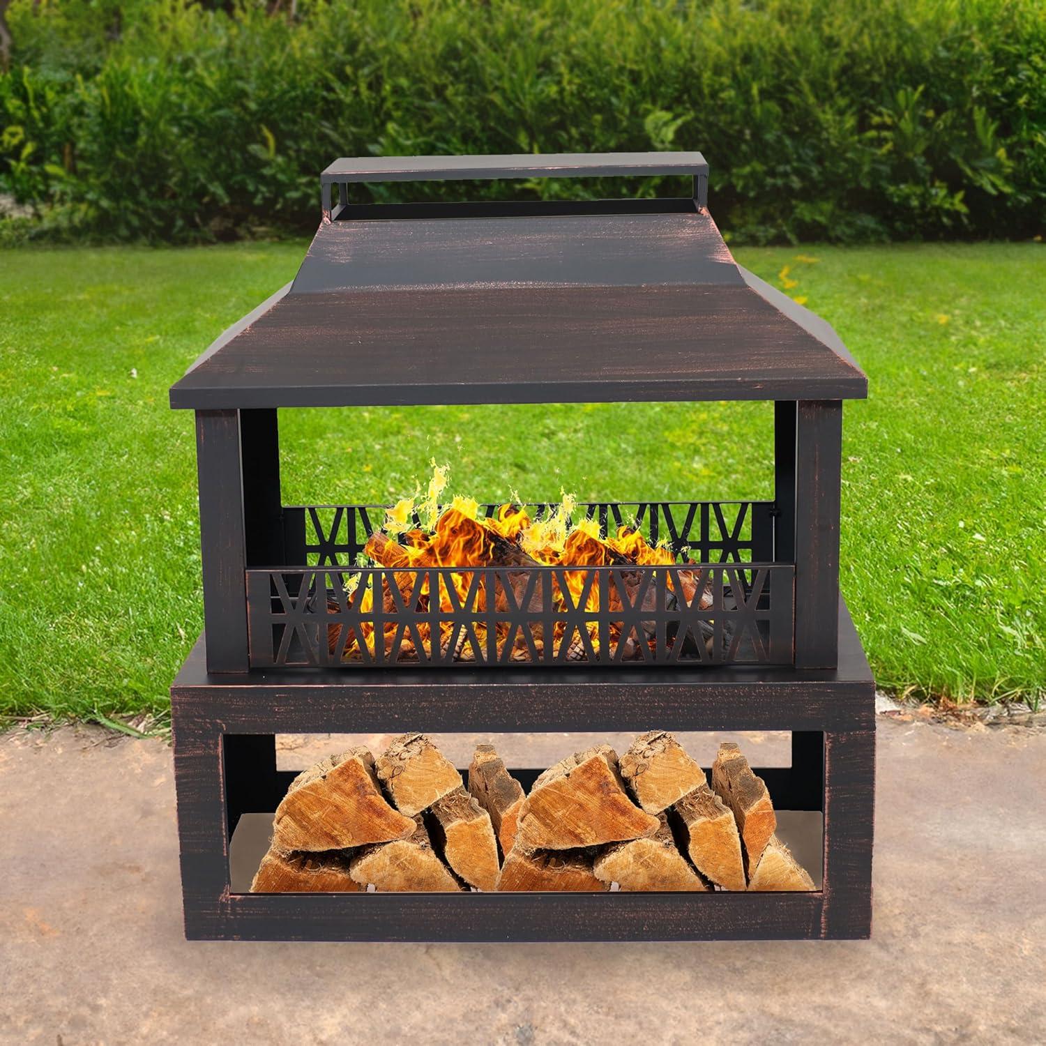 image:imageSunnydaze Backyard Blaze 35Inch H HeavyDuty Steel Outdoor Fireplace with Builtin Log Storage Includes Protective Cover Brushed Bronze