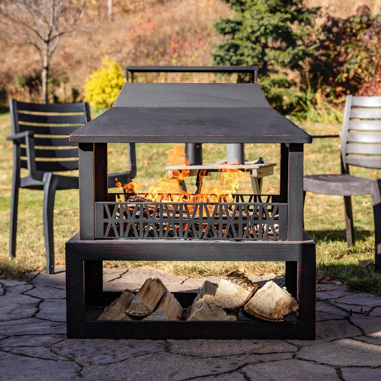 image:imageSunnydaze Backyard Blaze 35Inch H HeavyDuty Steel Outdoor Fireplace with Builtin Log Storage Includes Protective Cover Brushed Bronze