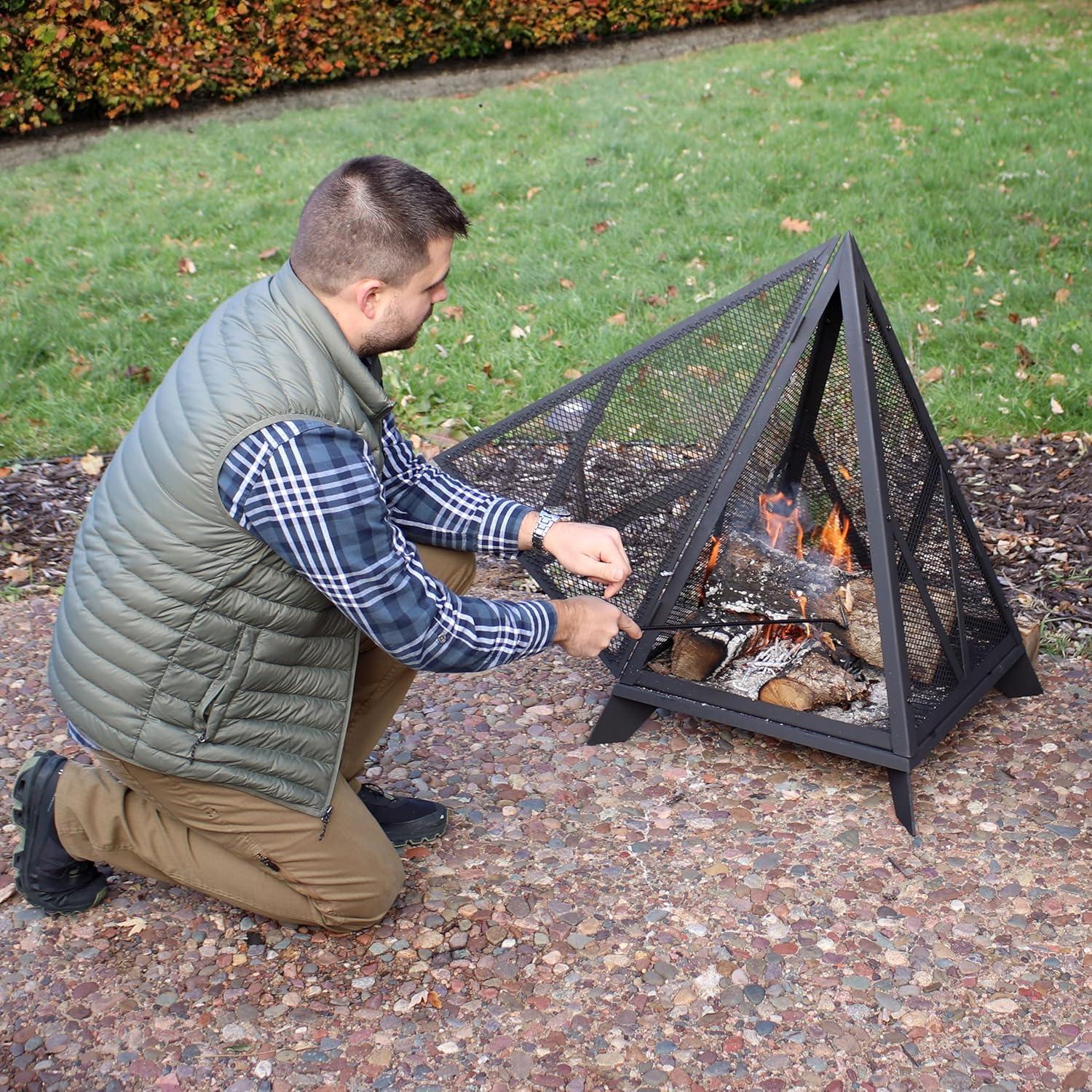 image:imageSunnydaze Majestic Pyramid HeavyDuty Steel Mesh Outdoor Fire Pit Includes Protective Cover and Poker PowderCoated Black Finish