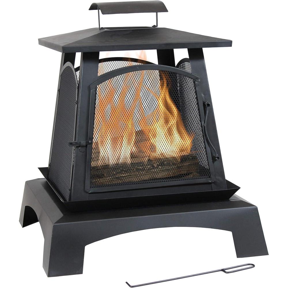 image:imageSunnydaze 32Inch PagodaStyle Steel WoodBurning Fire Pit with Log Grate and Poker Black HighTemperature Paint Finish