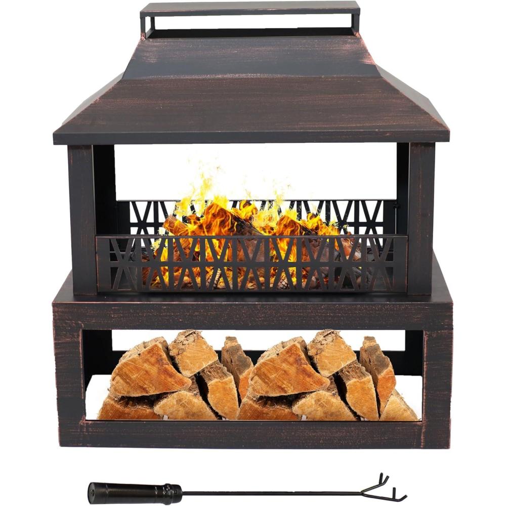 image:imageSunnydaze Backyard Blaze 35Inch H HeavyDuty Steel Outdoor Fireplace with Builtin Log Storage  Includes Protective Cover  Brushed Bronze