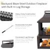 Sunnydaze Backyard Blaze 35-Inch H Heavy-Duty Steel Outdoor Fireplace with Built-in Log Storage – Includes Protective Cover – Brushed Bronze