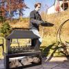 Sunnydaze Backyard Blaze 35-Inch H Heavy-Duty Steel Outdoor Fireplace with Built-in Log Storage – Includes Protective Cover – Brushed Bronze