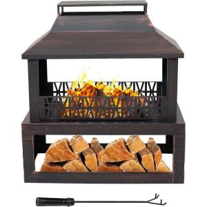 Sunnydaze Backyard Blaze 35-Inch H Heavy-Duty Steel Outdoor Fireplace with Built-in Log Storage – Includes Protective Cover – Brushed Bronze
