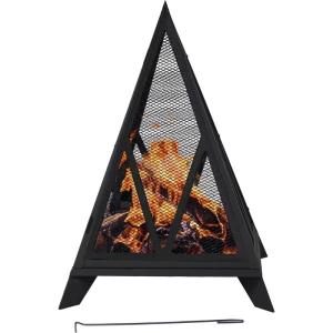 Sunnydaze Majestic Pyramid Heavy-Duty Steel Mesh Outdoor Fire Pit – Includes Protective Cover and Poker – Powder-Coated Black Finish