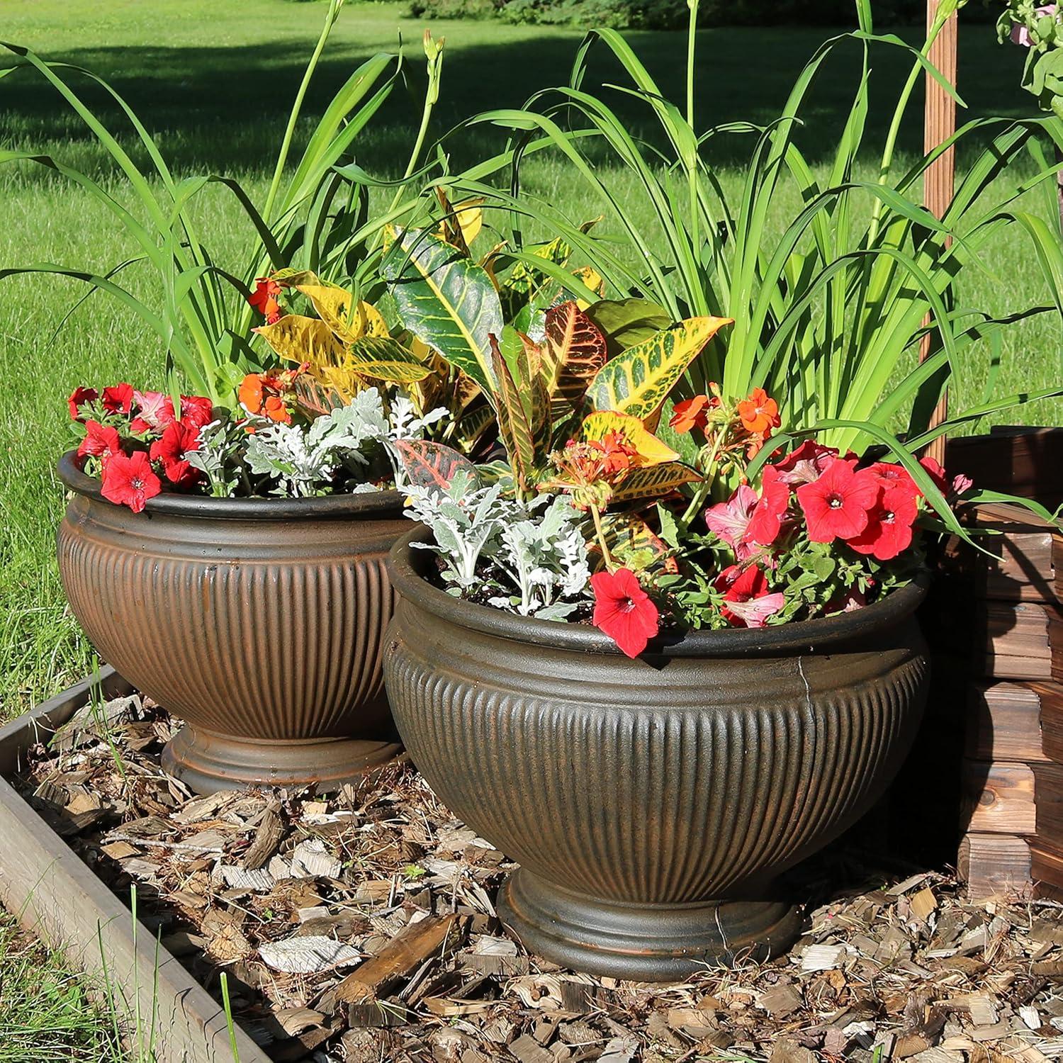 image:imageSunnydaze Elizabeth 16 DoubleWalled Polyresin Ribbed Urn Outdoor Planter UVResistant Rust Finish Set of 2Rust