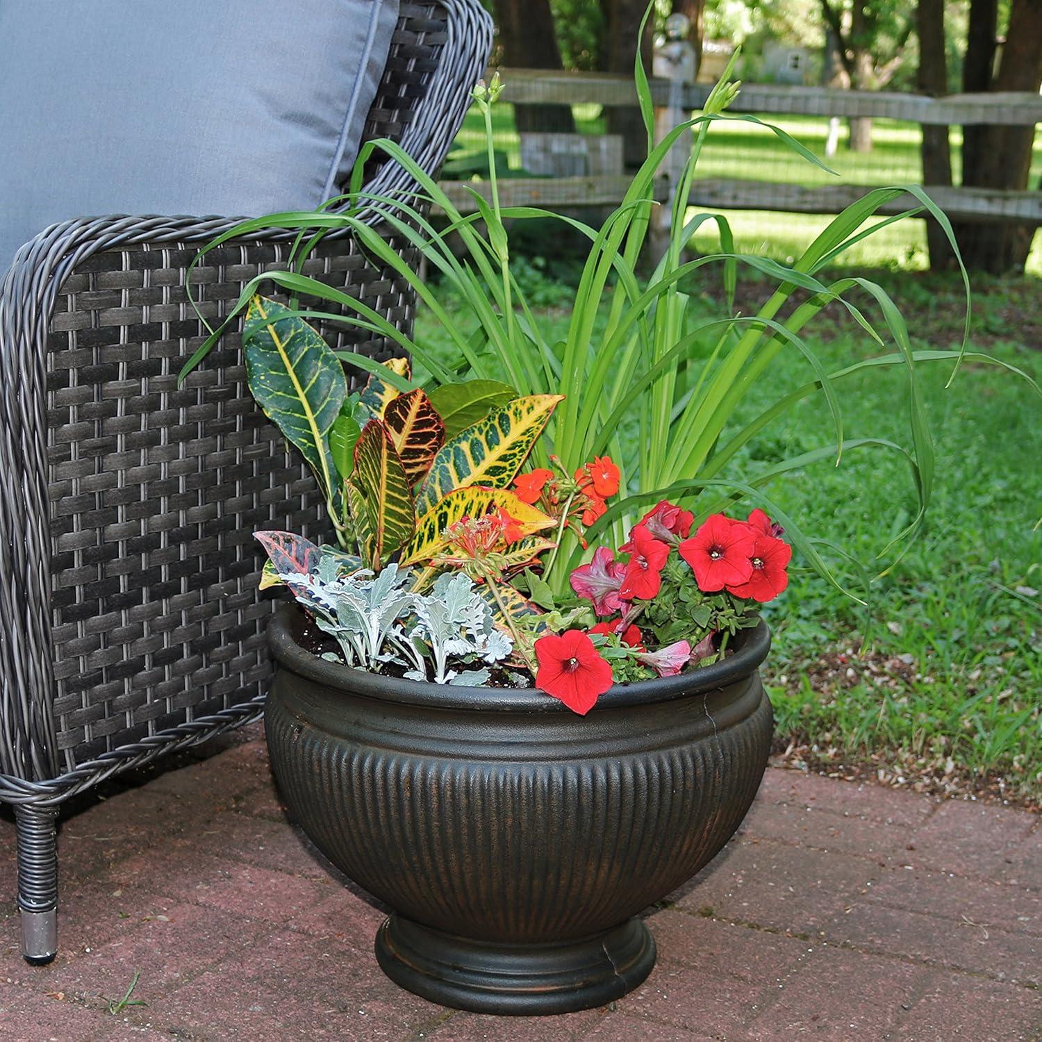 image:imageSunnydaze Elizabeth 16 DoubleWalled Polyresin Ribbed Urn Outdoor Planter UVResistant Rust Finish Set of 2Rust