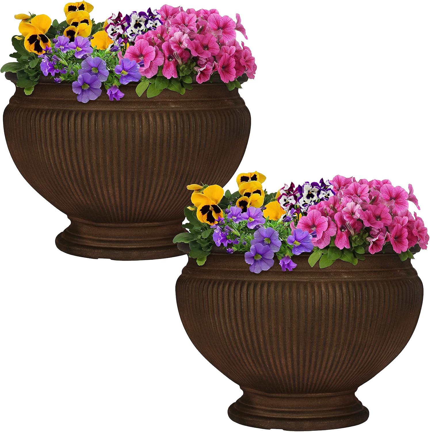 image:imageSunnydaze Elizabeth 16 DoubleWalled Polyresin Ribbed Urn Outdoor Planter UVResistant Rust Finish Set of 2Rust