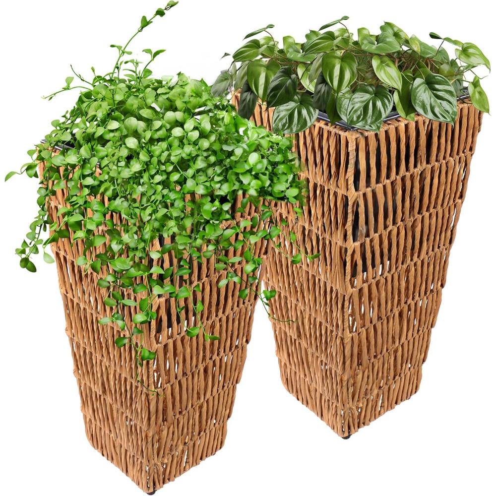 image:imageSunnydaze Hyacinth 11 Tall Square Outdoor Planter  Set of 2 PolyWicker Planters with Plastic Inlay  BarleyBarley