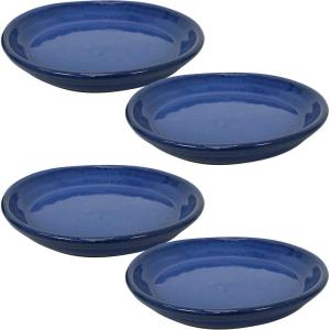 Sunnydaze 12-Inch Ceramic Plant Saucers – Plant Drip Trays for Outdoor Planter Flowerpot Drainage – Set of 4 – Imperial Blue(Imperial Blue)
