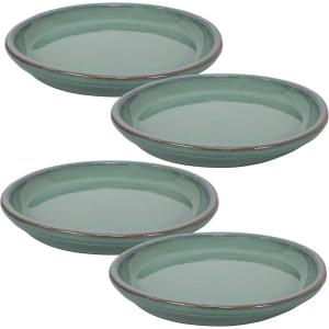 Sunnydaze 12-Inch Ceramic Plant Saucers – Plant Drip Trays for Outdoor Planter Flowerpot Drainage – Set of 4 – Imperial Blue(Seafoam)