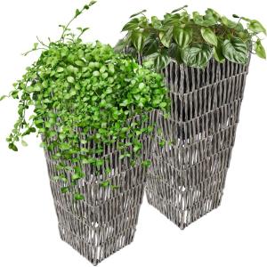 Sunnydaze Hyacinth 11″ Tall Square Outdoor Planter – Set of 2 Poly-Wicker Planters with Plastic Inlay – Barley(Fog)