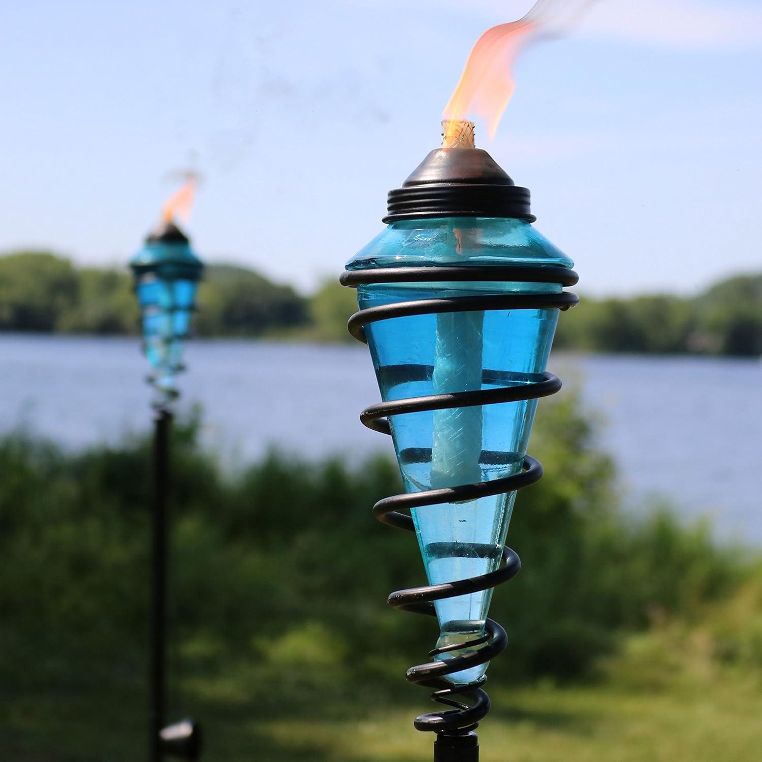 image:imageSunnydaze Blue Glass Patio Torch with Metal Swirl 25 to 66Inch Adjustable Height Set of 4