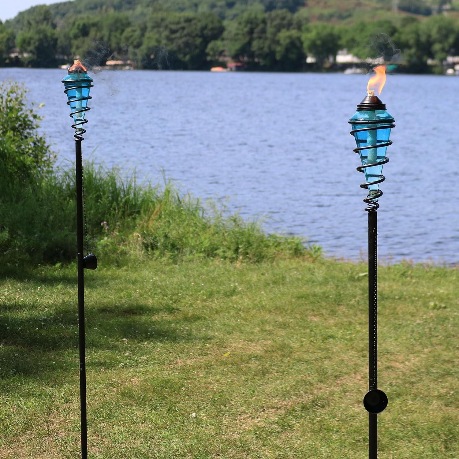 image:imageSunnydaze Glass Patio Torch Set of 225 to 66Inch Outdoor Patio and Lawn Torches with Adjustable Height for Garden Deck amp Backyard Blue