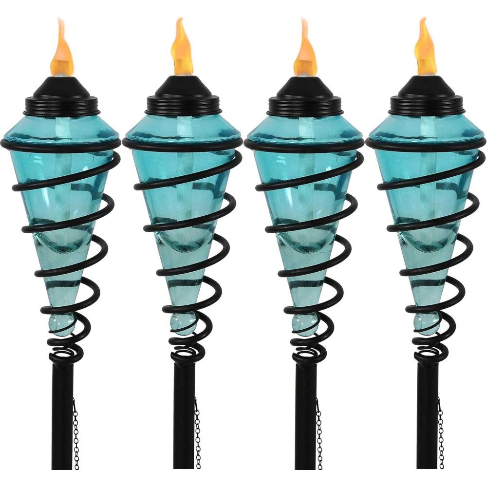 image:imageSunnydaze Blue Glass Patio Torch with Metal Swirl 25 to 66Inch Adjustable Height Set of 4
