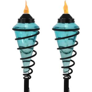 Sunnydaze Glass Patio Torch Set of 2-25 to 66-Inch – Outdoor Patio and Lawn Torches with Adjustable Height for Garden, Deck & Backyard – Blue