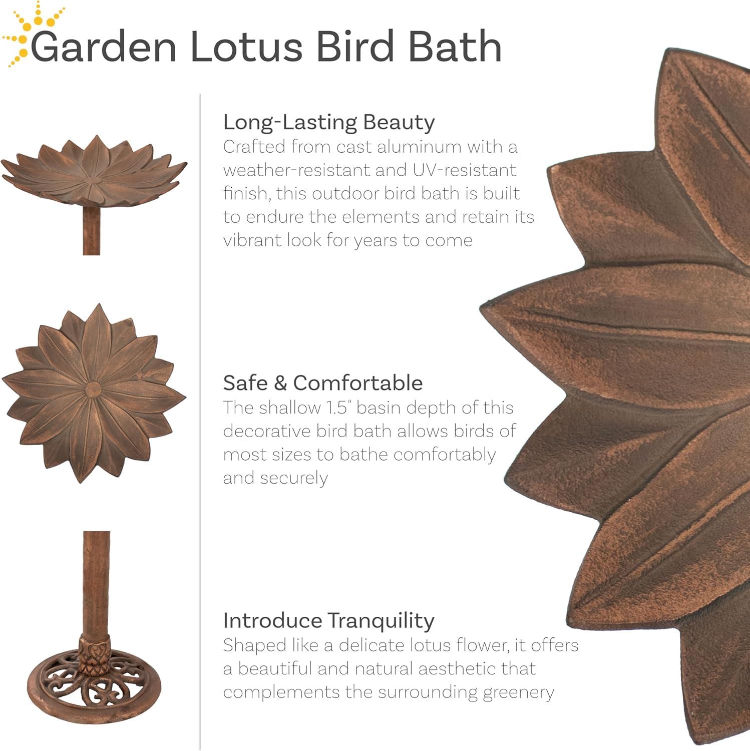 image:imageSunnydaze Garden Lotus Metal Bird Bath with UVResistant Finish Cast Aluminum Copper Patina 165