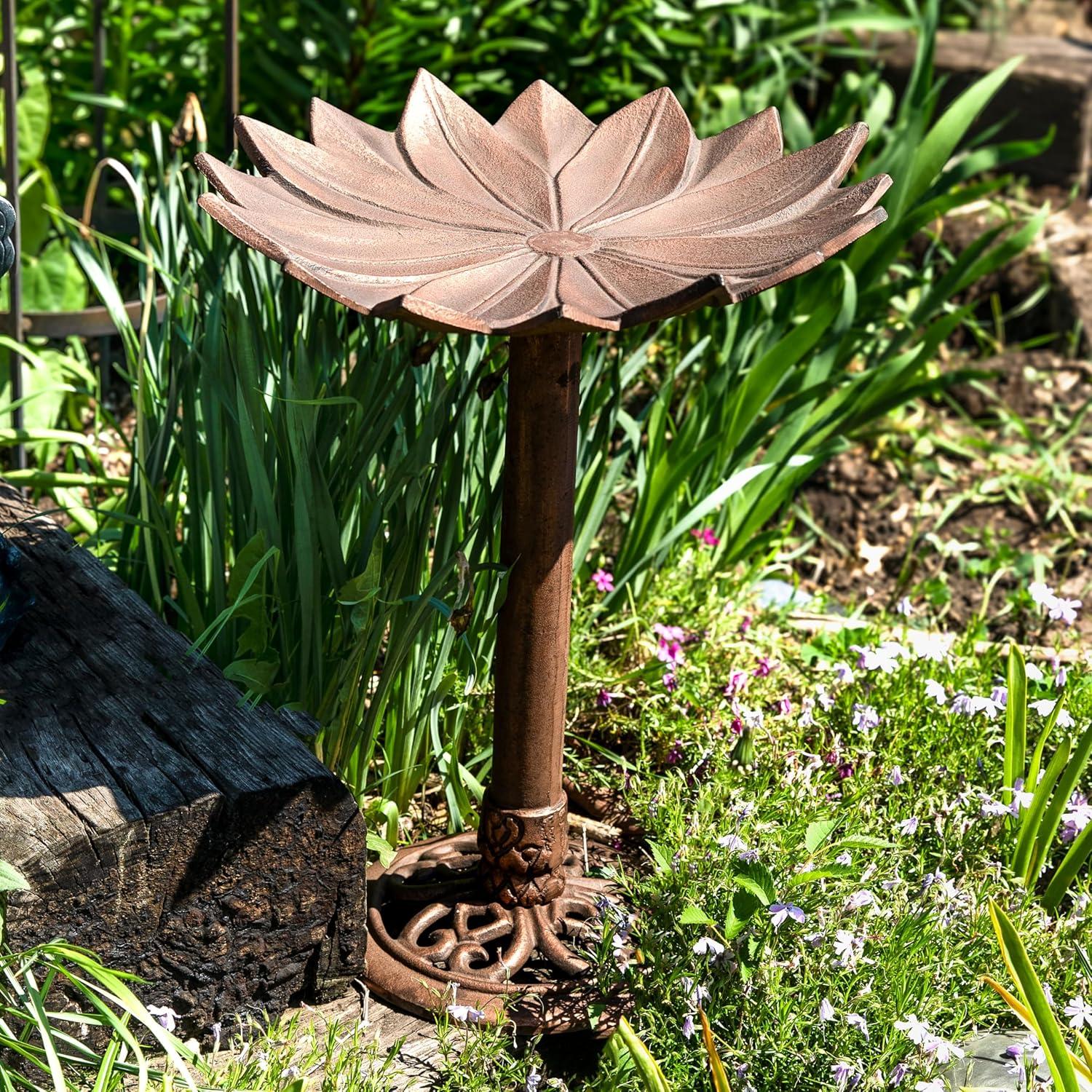 image:imageSunnydaze Garden Lotus Metal Bird Bath with UVResistant Finish Cast Aluminum Copper Patina 165