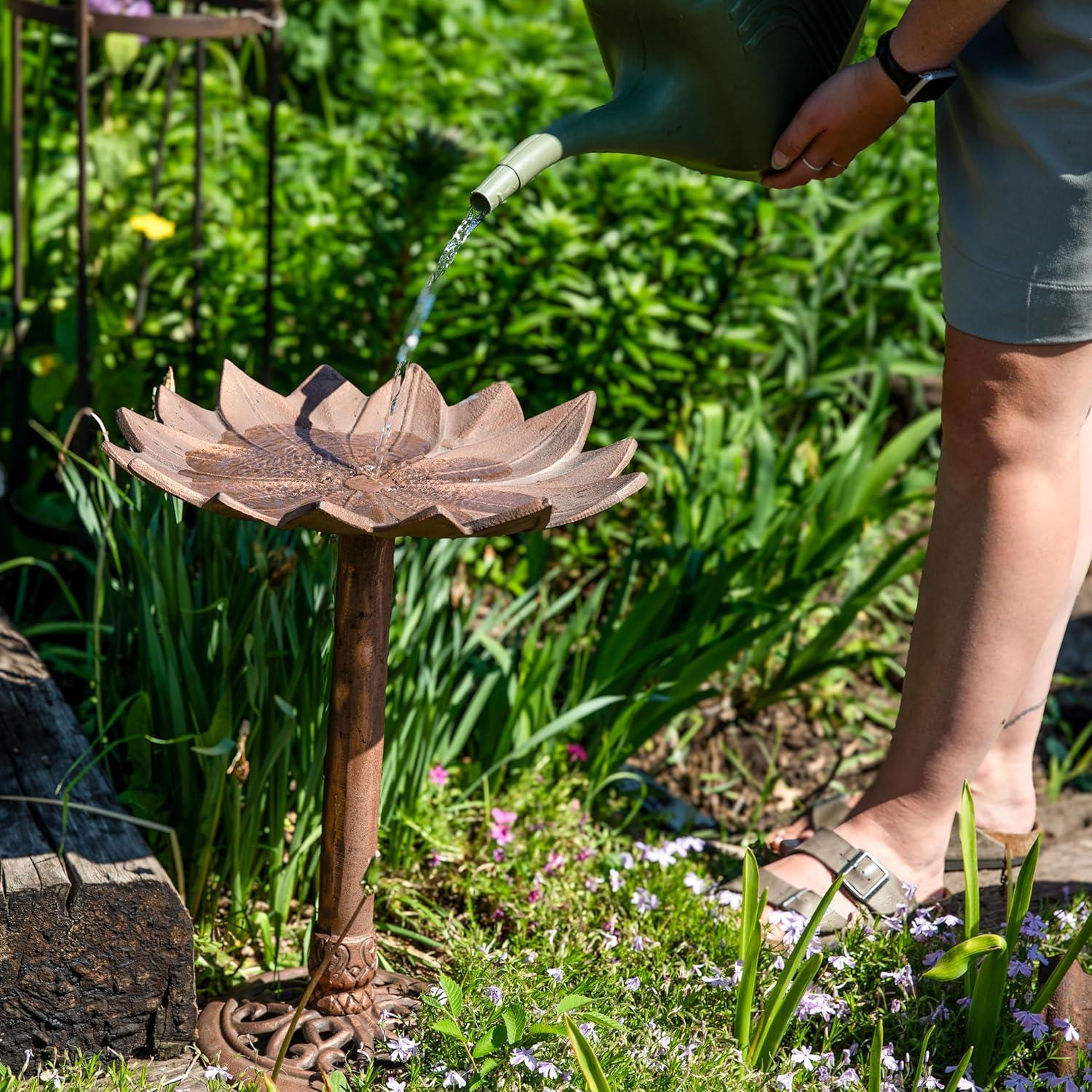 image:imageSunnydaze Garden Lotus Metal Bird Bath with UVResistant Finish Cast Aluminum Copper Patina 165