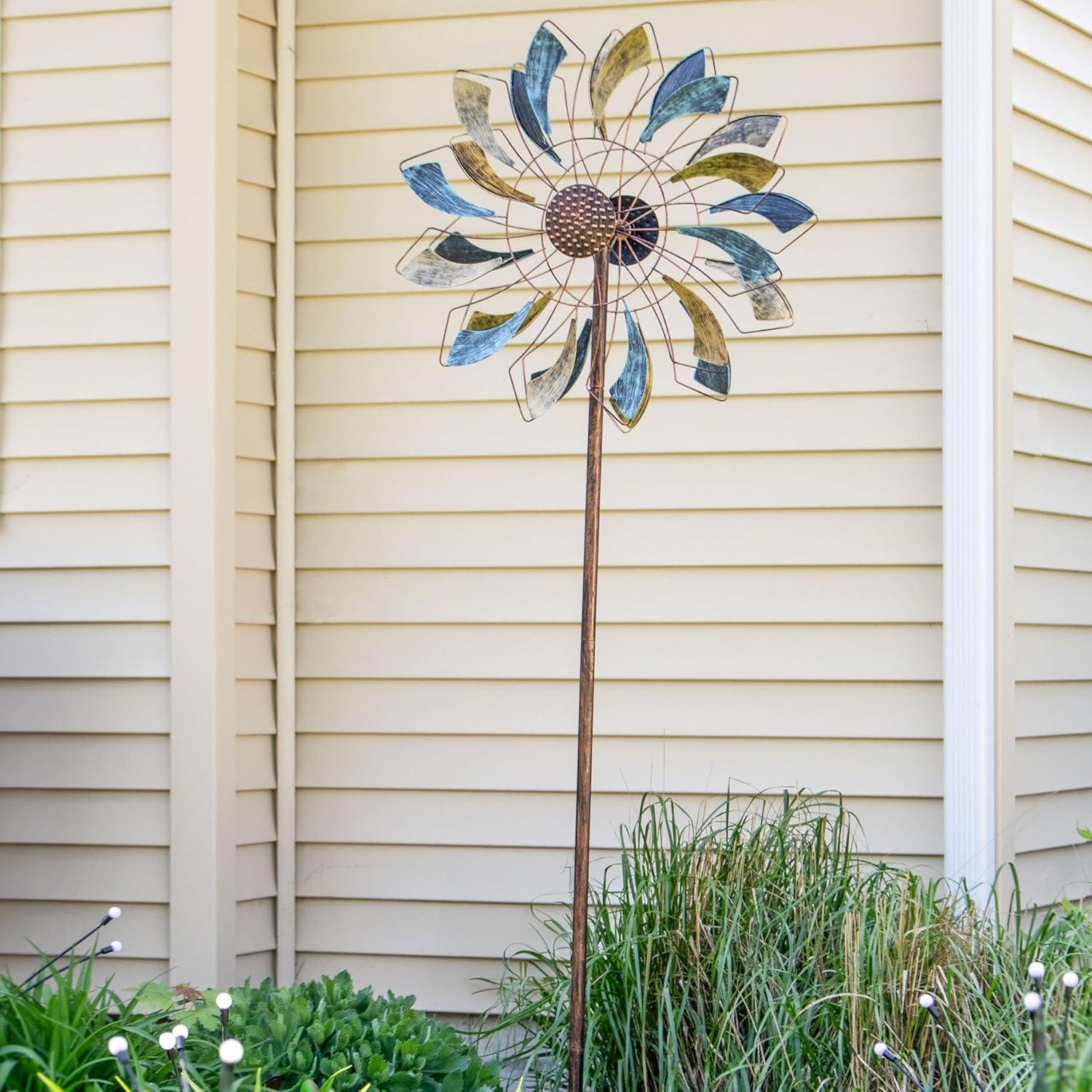 image:imageSunnydaze Metallic Pinwheel Metal Garden Wind Spinner Removable Pole Sections for Adjustable Height DualMotion Blades 845 HMetallic Pinwheel 84