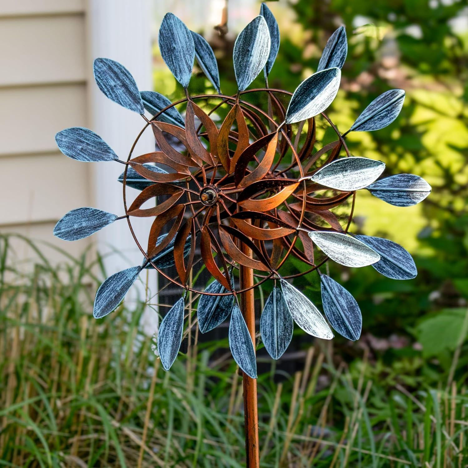 image:imageSunnydaze Metallic Pinwheel Metal Garden Wind Spinner Removable Pole Sections for Adjustable Height DualMotion Blades 845 HWhirling Petals 48