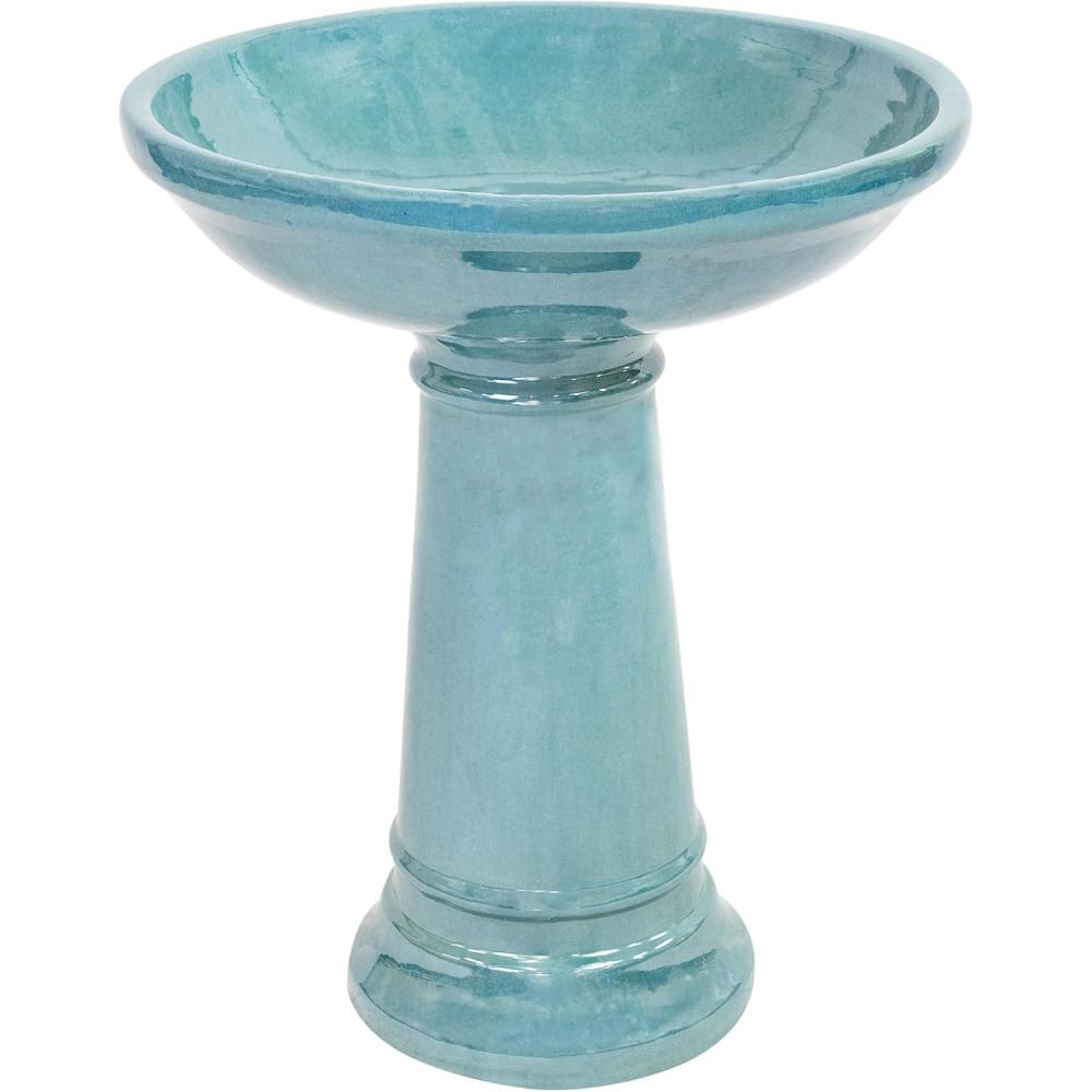 image:imageSunnydaze Calais Ceramic Bird Bath for Outside  25 H  UVFrostResistant Tall Bird Bath  Jade Green Glaze Finish