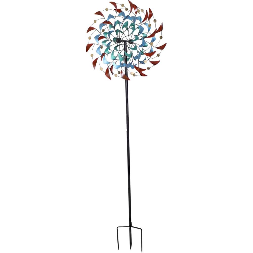 image:imageSunnydaze Metallic Pinwheel Metal Garden Wind Spinner Removable Pole Sections for Adjustable Height DualMotion Blades 845 HRainbow Breeze 84