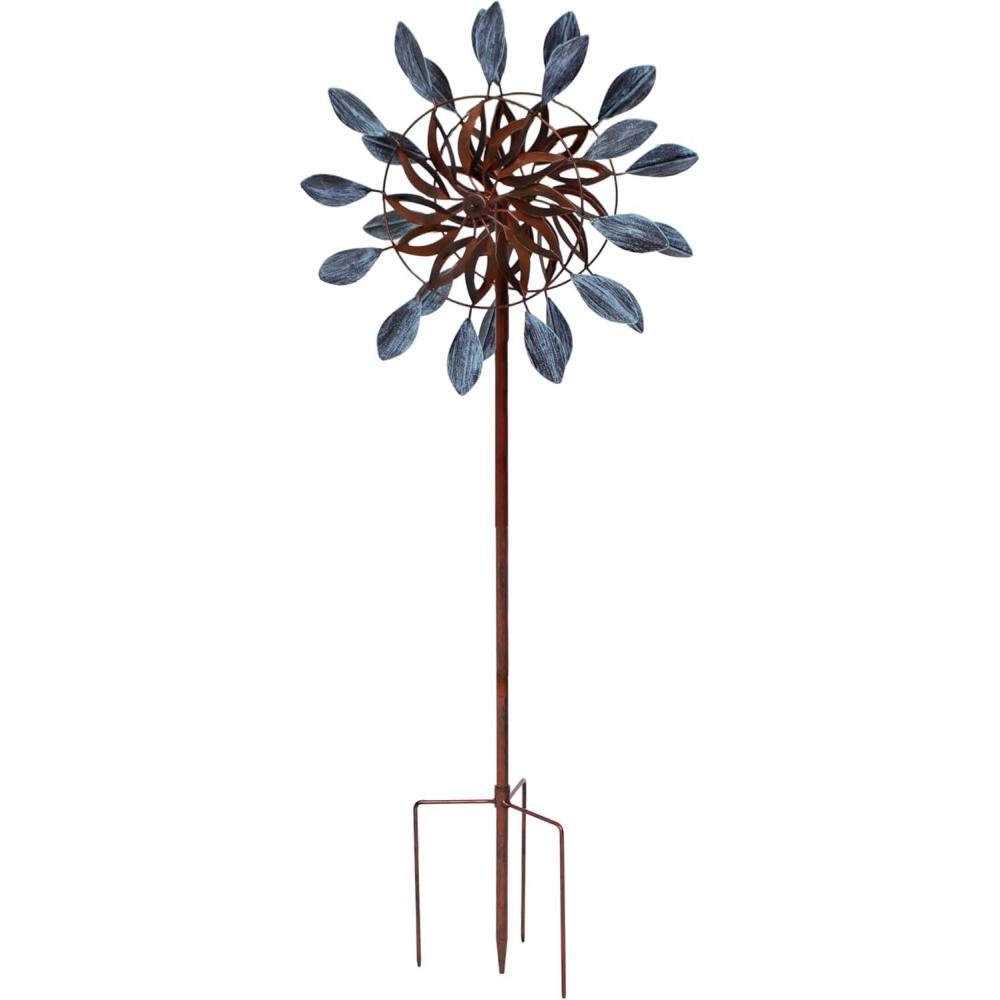 image:imageSunnydaze Metallic Pinwheel Metal Garden Wind Spinner Removable Pole Sections for Adjustable Height DualMotion Blades 845 HWhirling Petals 48