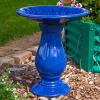 Sunnydaze Blue Ceramic Bird Bath for Outside – 21.5″ H Garden Bird Bath – Daisy Embossed Bowl – UV-/Frost-Resistant Glaze Finish