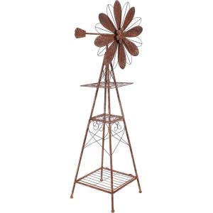 Sunnydaze 51-Inch Rustic Windmill Metal Garden Statue with Tiers – Yard Art, Lawn and Garden Sculpture Decor – Brown/Copper