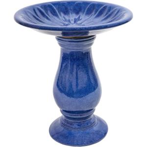 Sunnydaze Blue Ceramic Bird Bath for Outside – 21.5″ H Garden Bird Bath – Daisy Embossed Bowl – UV-/Frost-Resistant Glaze Finish