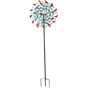 Sunnydaze Metallic Pinwheel Metal Garden Wind Spinner – Removable Pole Sections for Adjustable Height – Dual-Motion Blades – 84.5″ H(Rainbow Breeze – 84″)